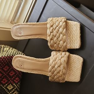 Raffia Squared Toe Mule Heels